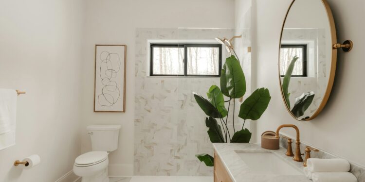 Modern bathroom with marble accents and a large plant.