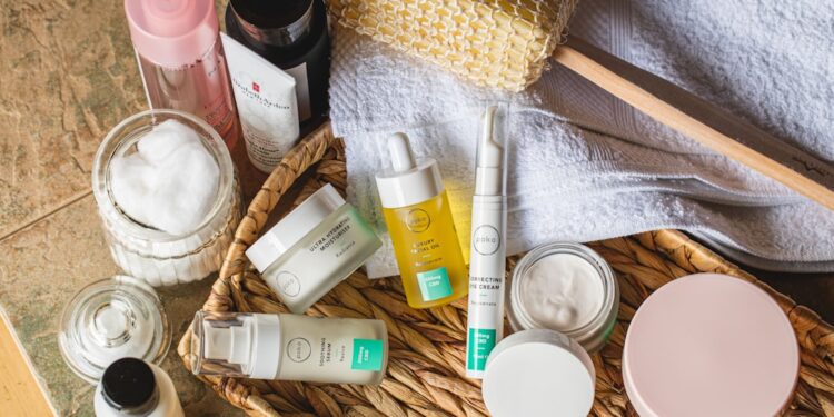 Bathroom skincare products on shelf