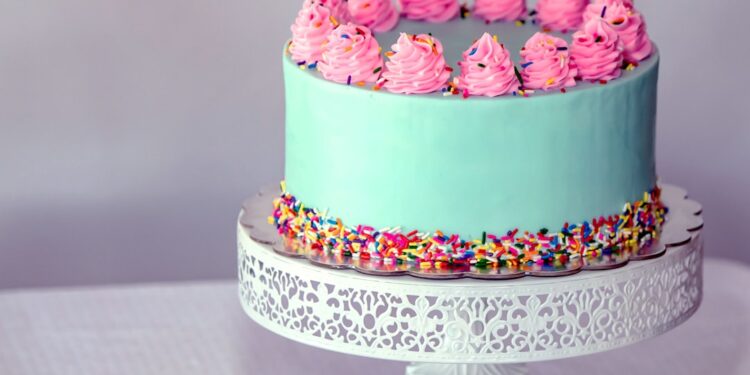 A cheerful birthday cake, bursting with excitement and joy.