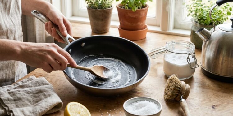 Roestvrijstalen pan met weekwater op het fornuis in een lichte keuken