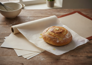 Bakplaat met bakpapier en een siliconenmat naast elkaar op een keukenblad