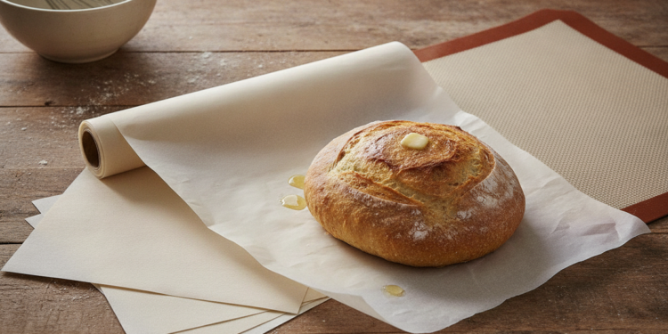 Bakplaat met bakpapier en een siliconenmat naast elkaar op een keukenblad