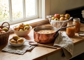 Pan met grove zelfgemaakte appelmoes naast gevulde weckpotten en een emmer valappels op een keukentafel