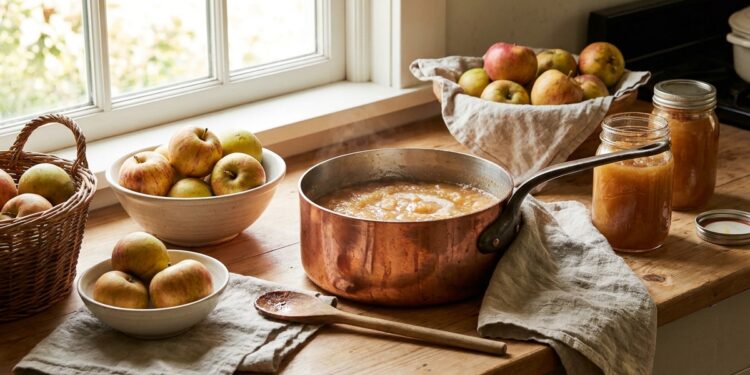Pan met grove zelfgemaakte appelmoes naast gevulde weckpotten en een emmer valappels op een keukentafel