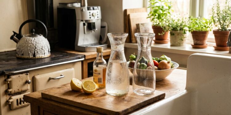 Geopende waterkoker met een witte kalklaag op het verwarmingselement, naast een fles schoonmaakazijn op het aanrecht