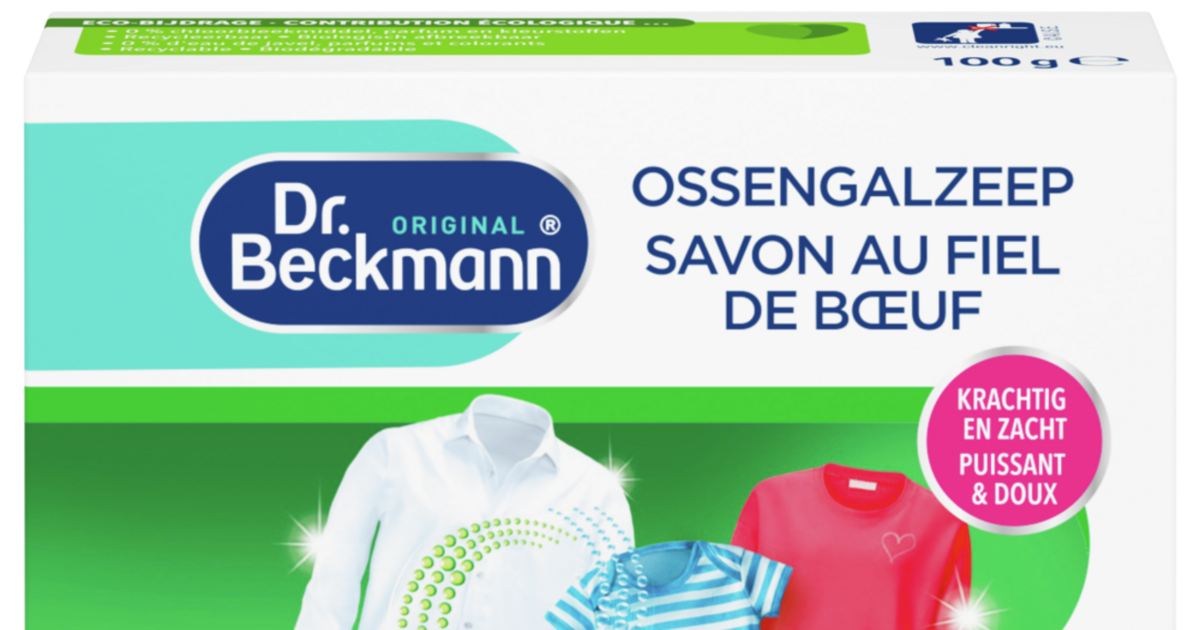 Staaf ossengalzeep van Dr. Beckmann in de verpakking