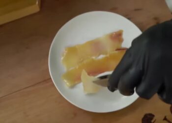 Dun gesneden plakjes serranoham op een bord