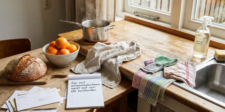 Rustige keuken met een lege werkbank en een kop koffie in het ochtendlicht