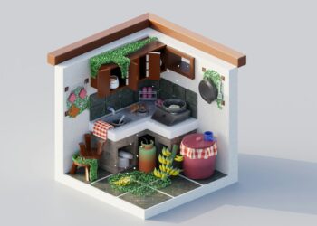 Huismuis die langs een plint in een keuken loopt
