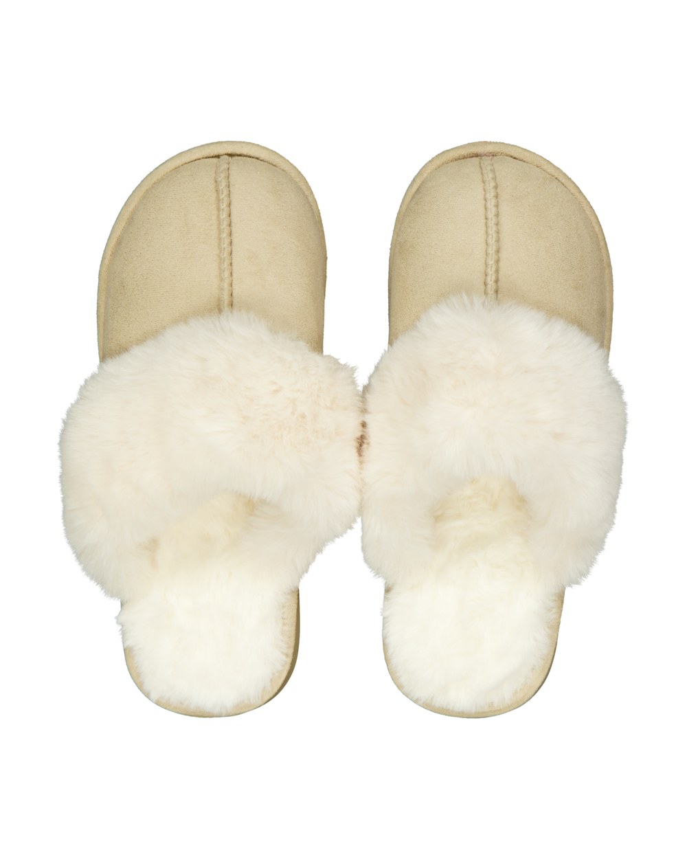 Beige damespantoffels van de Zeeman met open hiel en witte bontrand