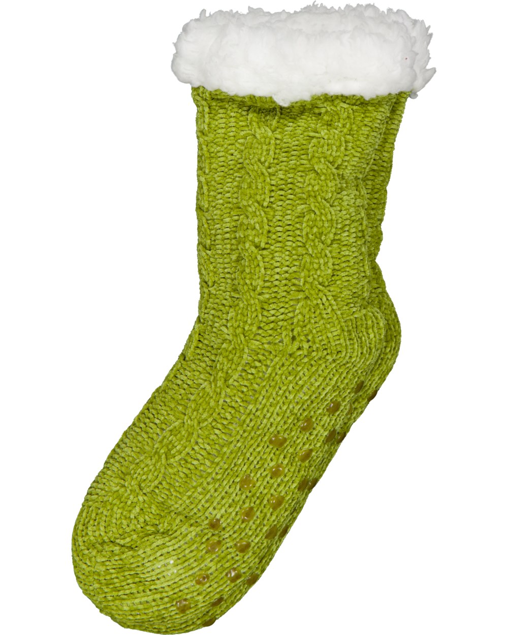 Groene gebreide huissok van de Zeeman met witte fluffy rand en antislip nopjes