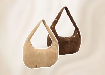 Suède schoudertassen met goudkleurige studs in beige en bruin uit de collectie van Patty Brard bij Kruidvat