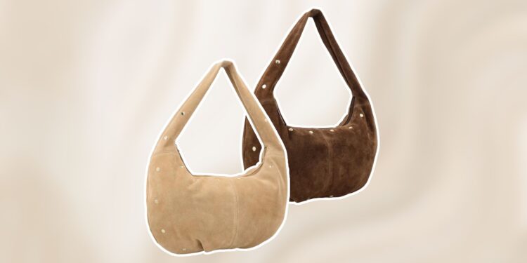 Suède schoudertassen met goudkleurige studs in beige en bruin uit de collectie van Patty Brard bij Kruidvat