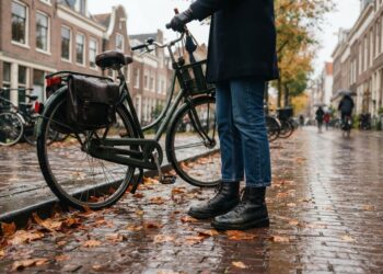 Vrouw op zwarte leren veterboots met een grove zool naast een fiets op een natte herfststoep