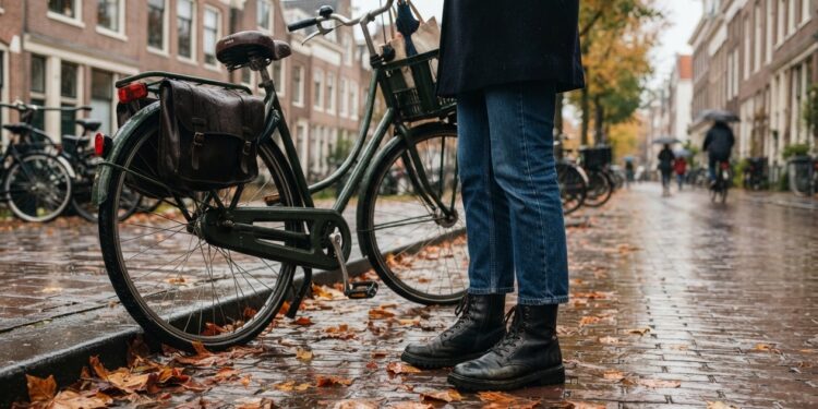 Vrouw op zwarte leren veterboots met een grove zool naast een fiets op een natte herfststoep