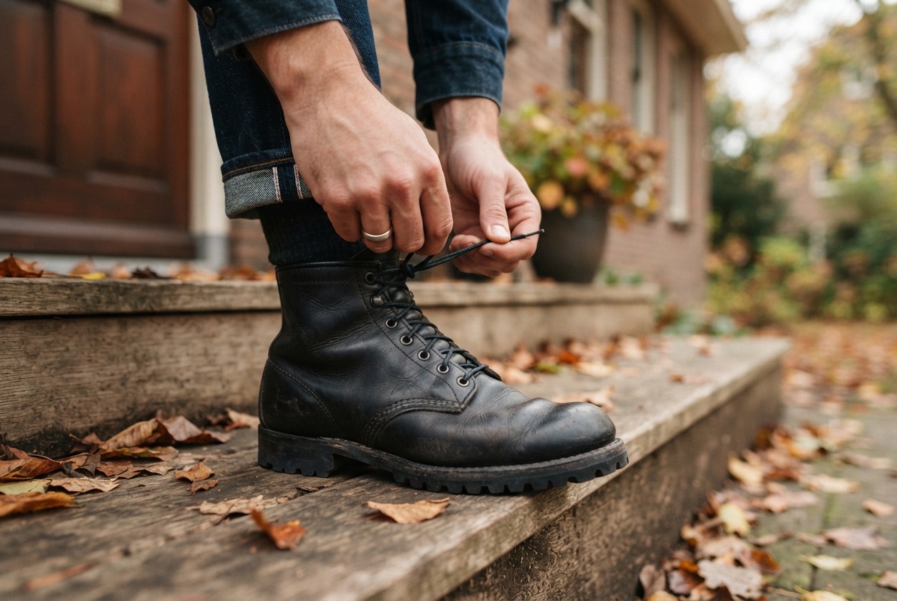 Close-up van handen die de veters strikken van een zwarte leren veterboot met profielzool