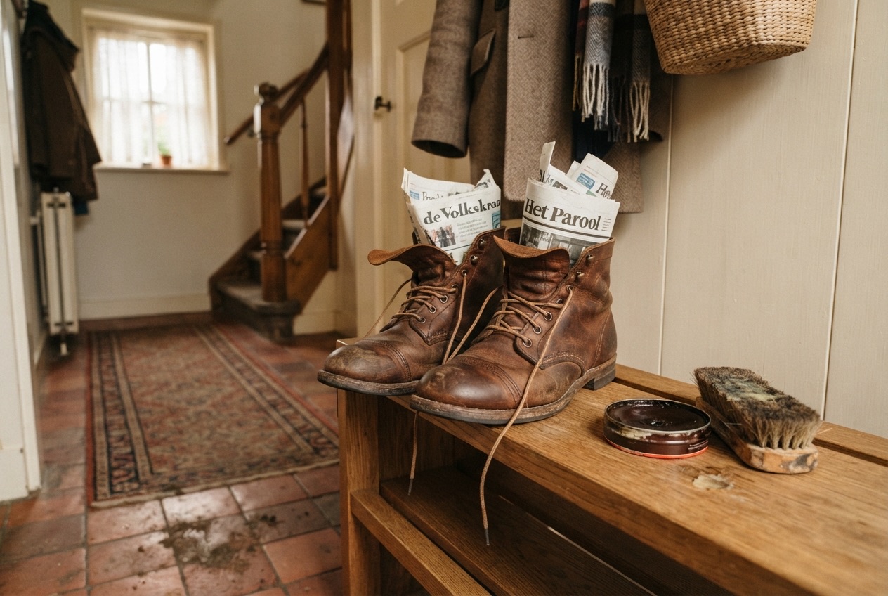 Bruine leren veterboots met losse veters en krantenpapier erin drogen op een schoenenrek