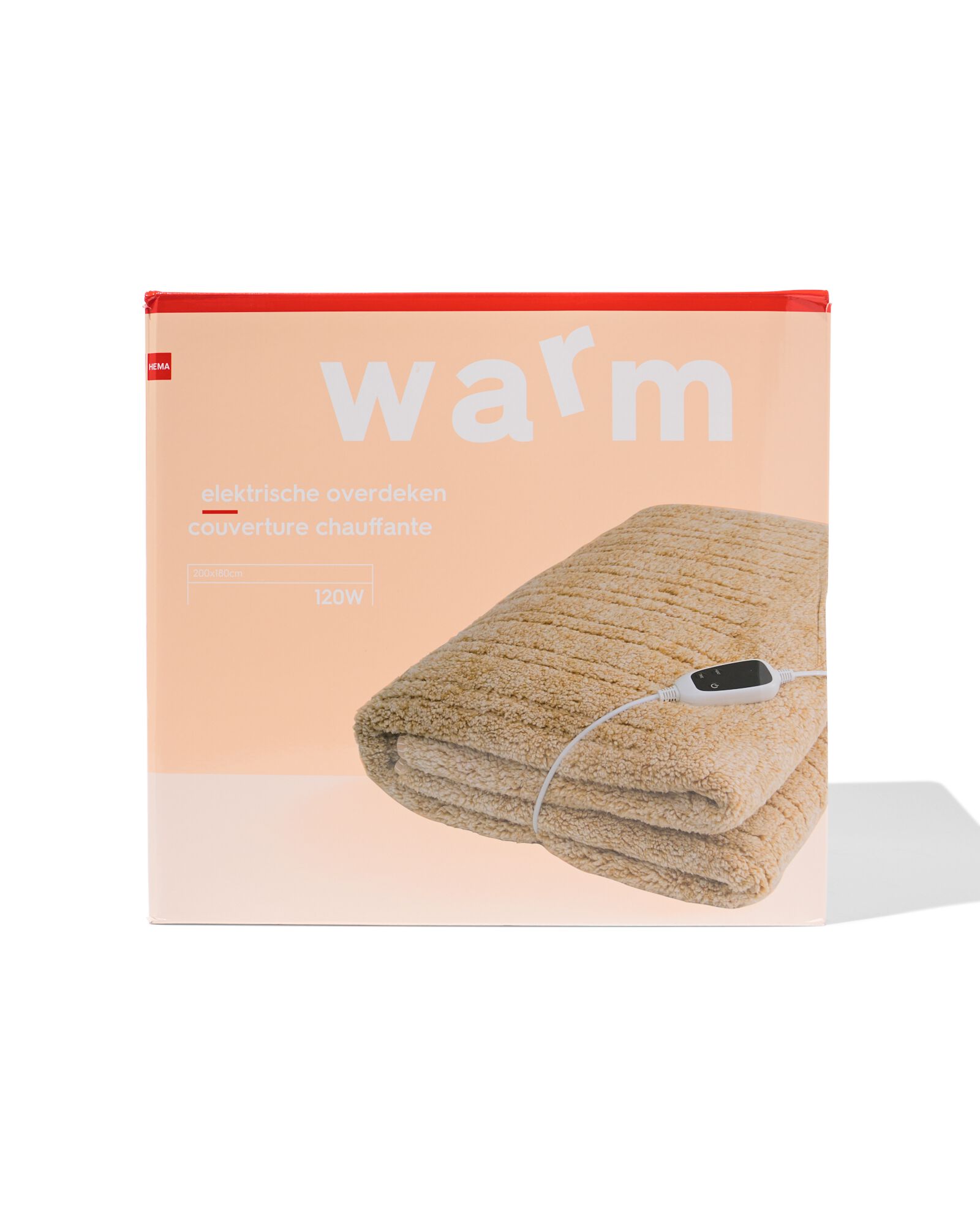 Verpakking van de elektrische overdeken van HEMA met 200x180 cm en 120W op de doos